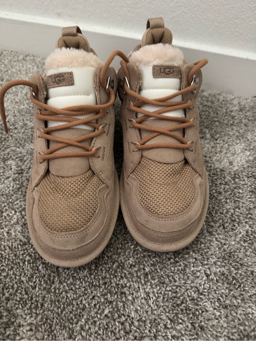 UGG Kids Tan Suede & Mesh Lace-Up Boots with Shearling Collar